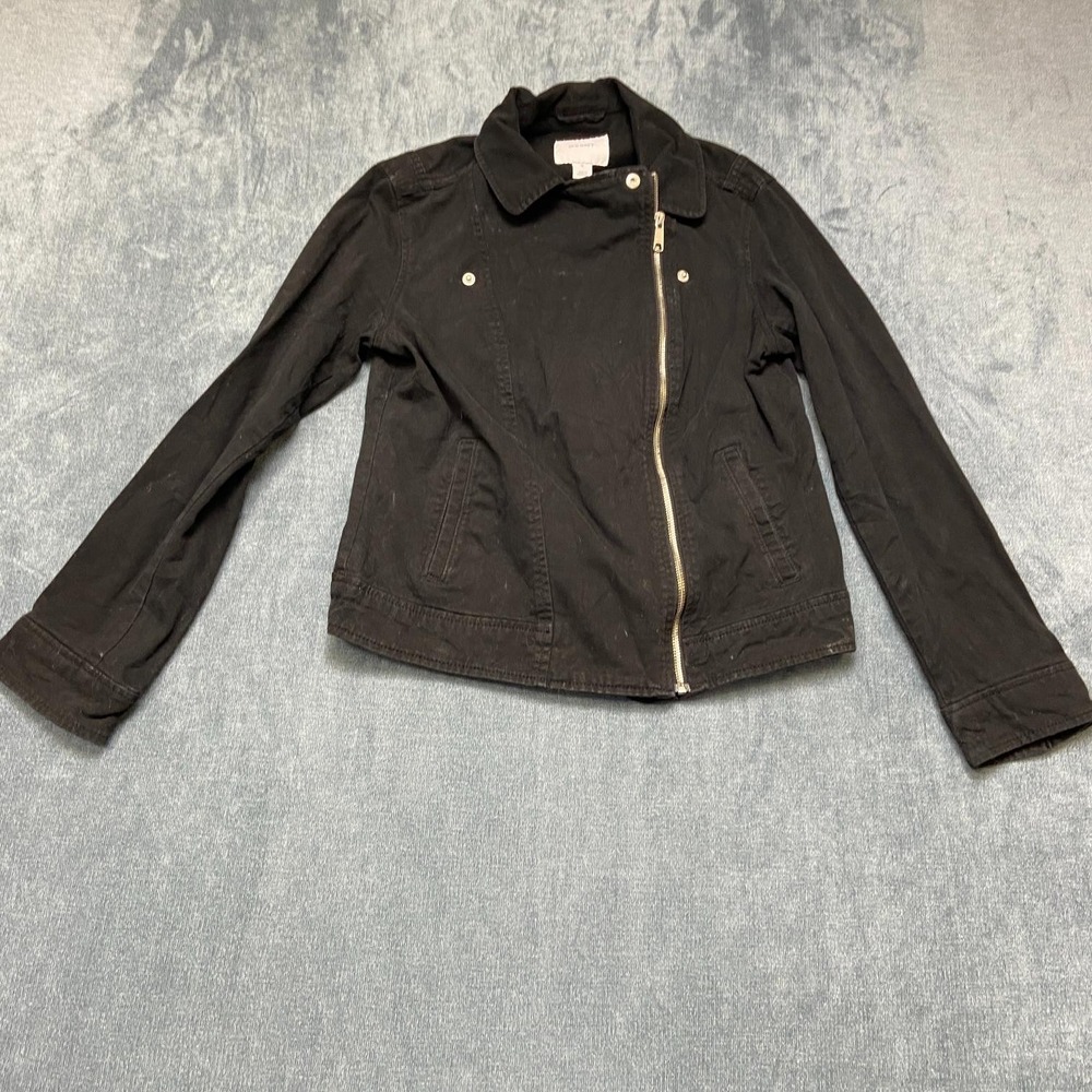 Old Navy Cropped Jacket Womens Medium Black Cotton Stretch Denim Asymmetric Zip